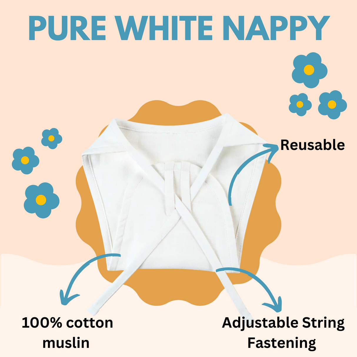 100% Pure Cotton Muslin White Nappy (Pack of 2)
