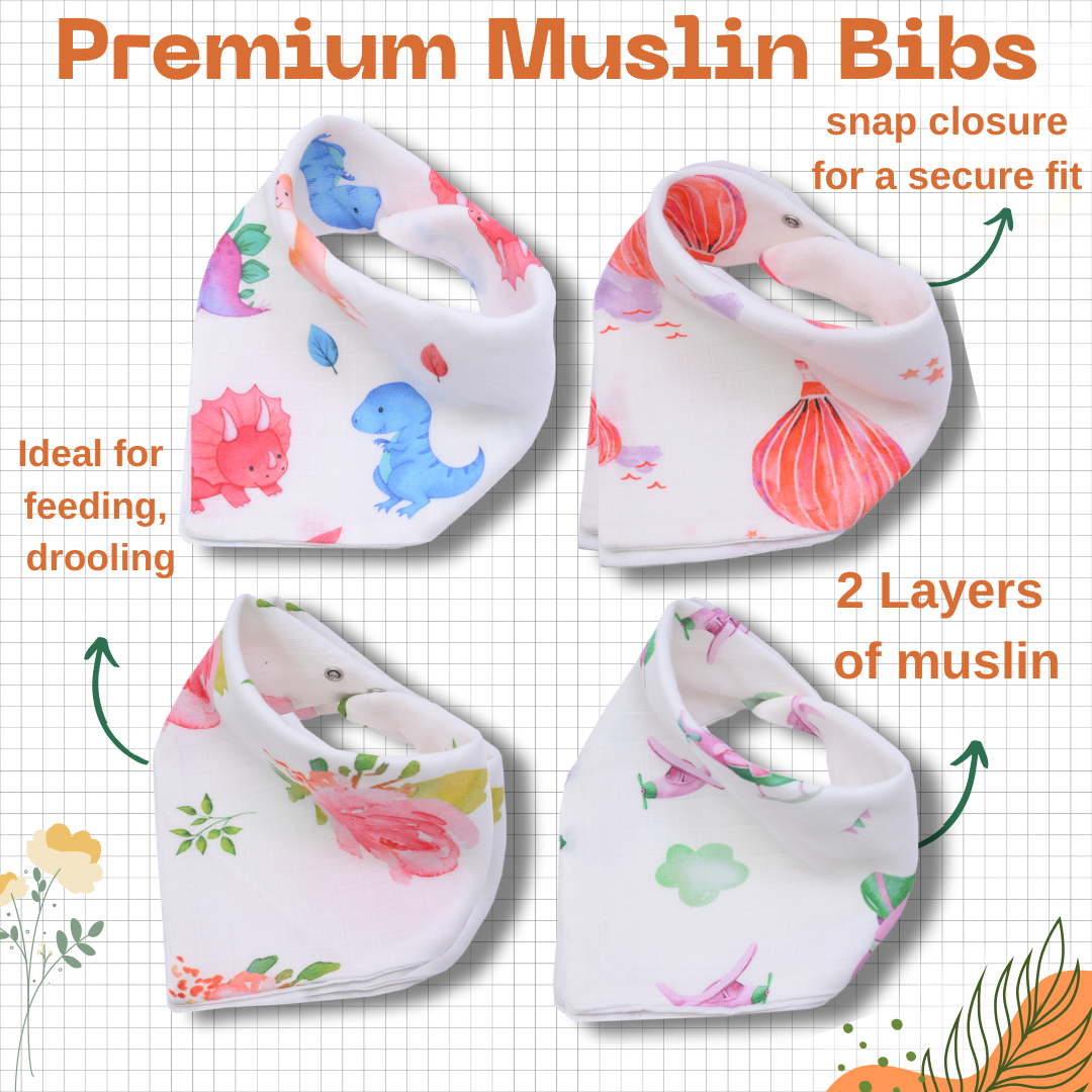 Premium Muslin Bib cum Wash Cloth  (2 layers) - Pack of 4 prints