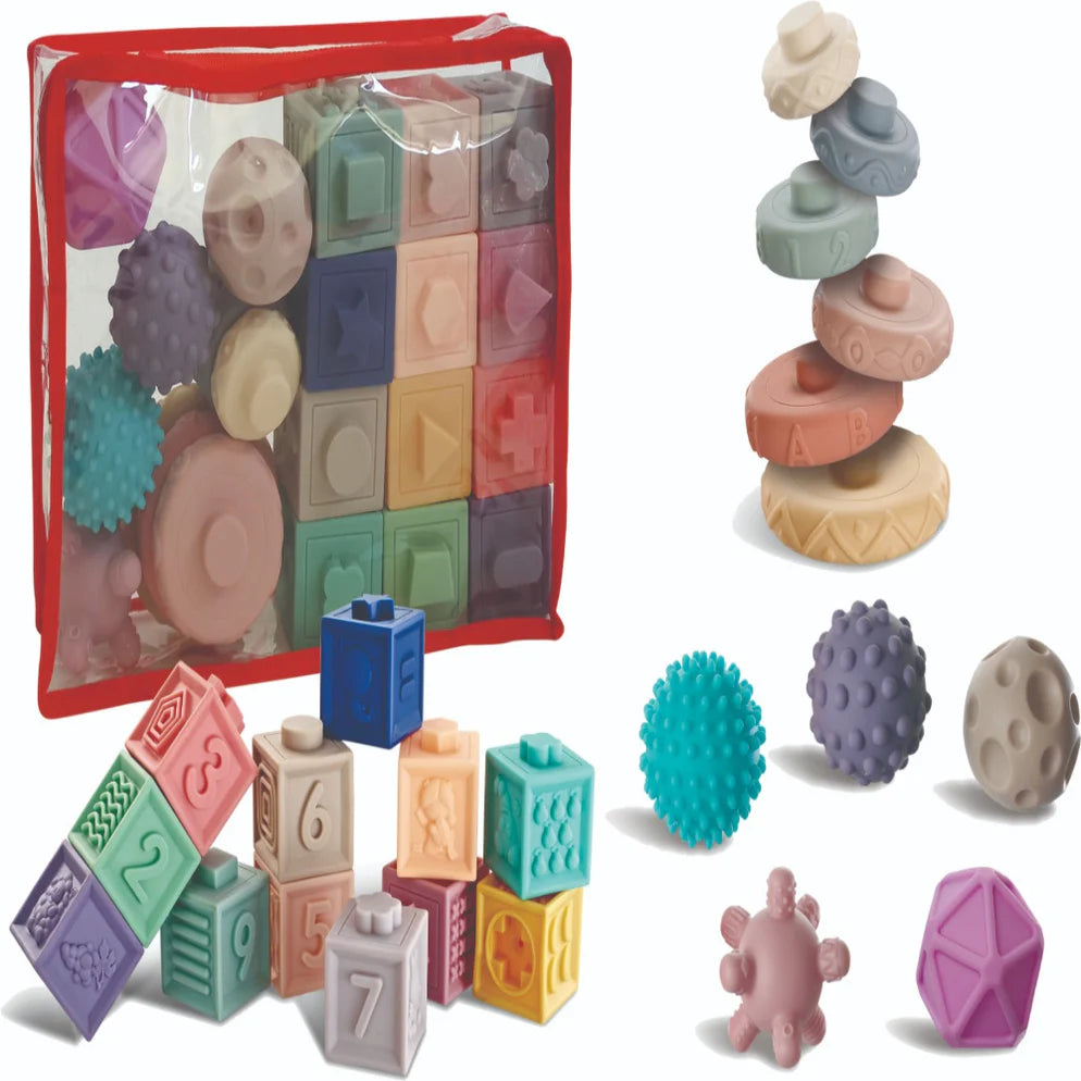 Baby's First Soft Sensory Toy Set -Blocks, Balls & Stacker (23 Pieces)