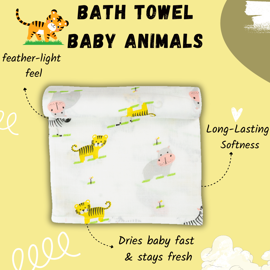 Muslin Baby Bath Towel - Baby Animals