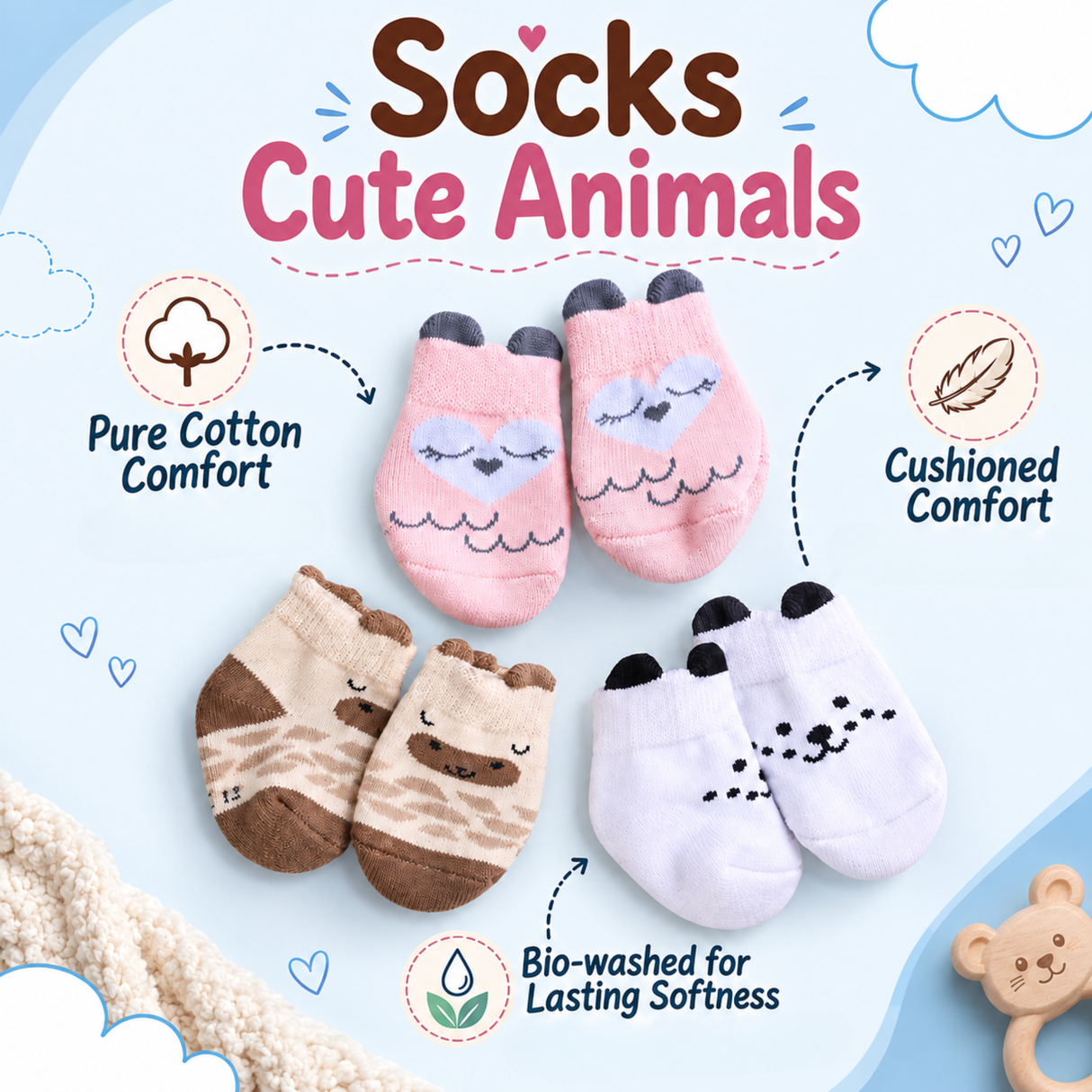 Baby Socks (pack of 3) - Cute Animals