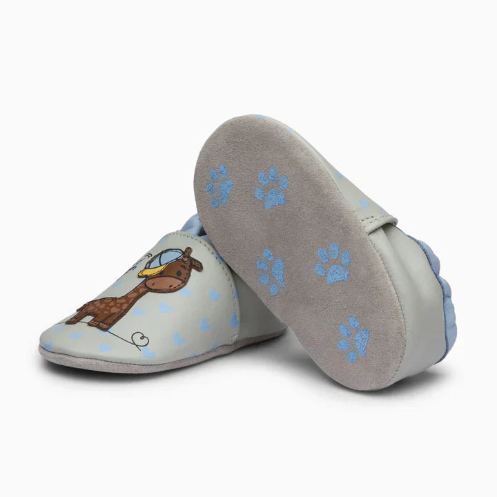 Giraffe Leather Baby Shoe - Light Blue and Grey