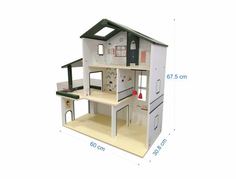 Open Ended Wooden Dollhouse - Modern Villa (31 pcs furniture including 4 doll figures included)