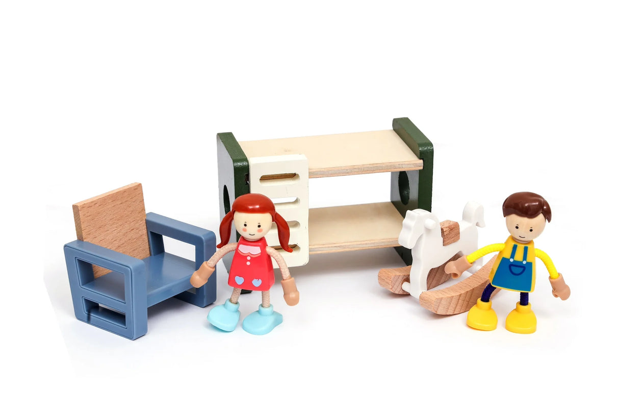 Open Ended Wooden Dollhouse - Modern Villa (31 pcs furniture including 4 doll figures included)