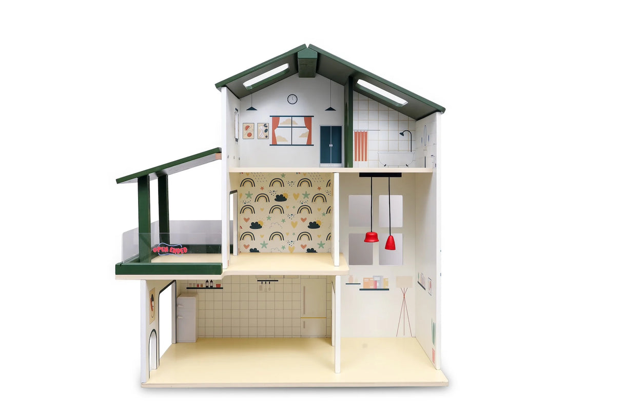Open Ended Wooden Dollhouse - Modern Villa (31 pcs furniture including 4 doll figures included)
