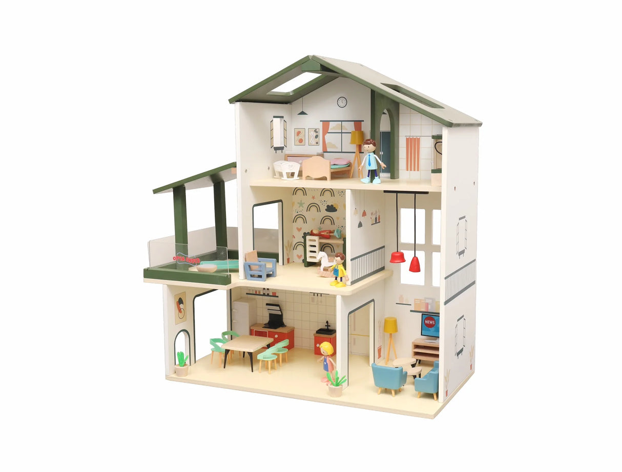 Open Ended Wooden Dollhouse - Modern Villa (31 pcs furniture including 4 doll figures included)