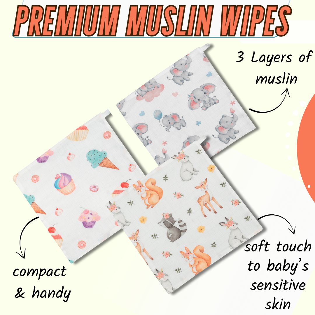 Premium Muslin Wipes (3 layers) - Pack of 3 prints
