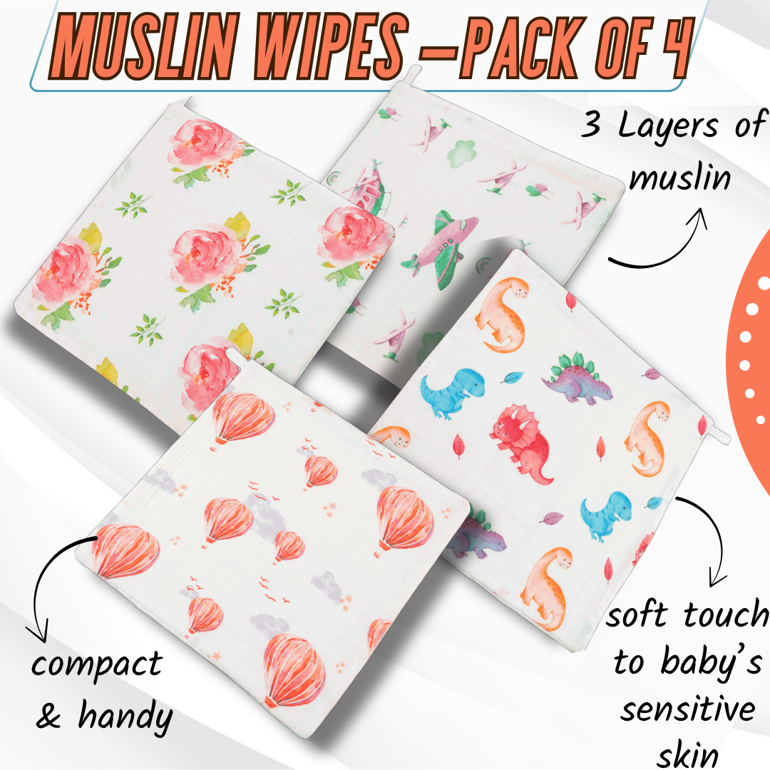 Premium Muslin Wipes (3 layers) - Pack of 4 prints