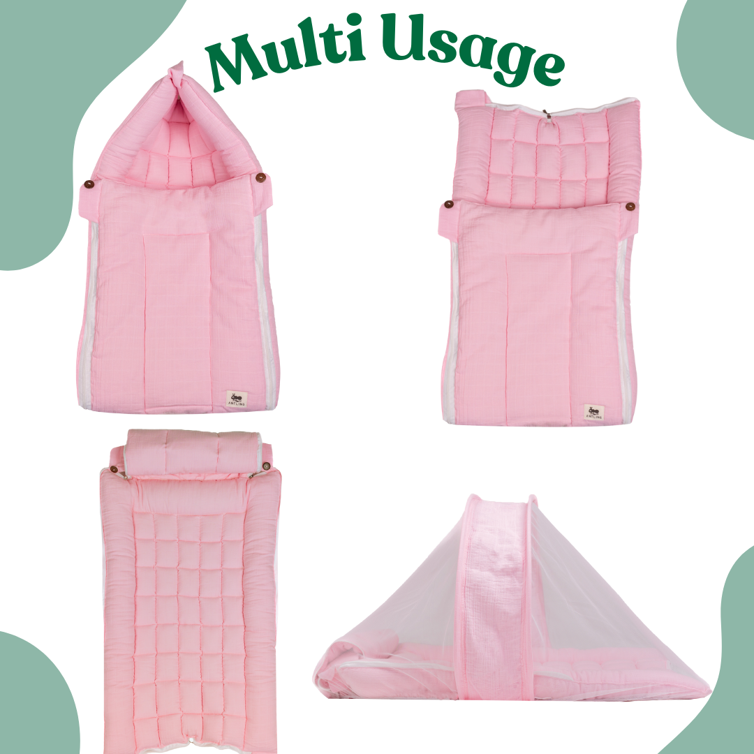 SoftNest - Premium Muslin Baby Nest cum Bed Set - Pink
