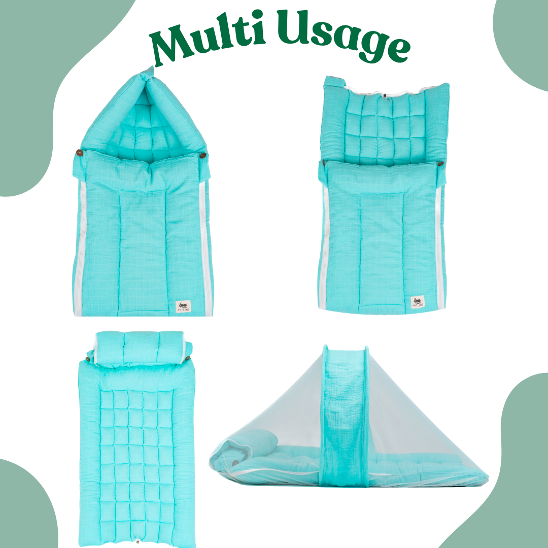 SoftNest - Premium Muslin Baby Nest cum Bed Set - Cyan