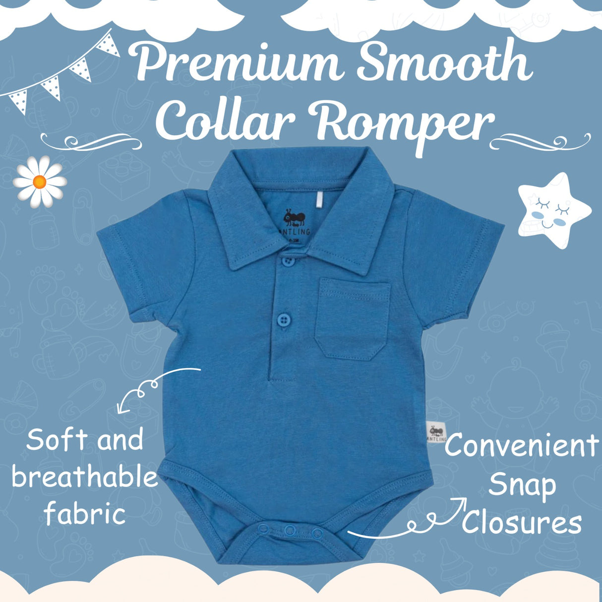 Premium Smooth Collar Unisex Cotton Rompers - Deep Blue