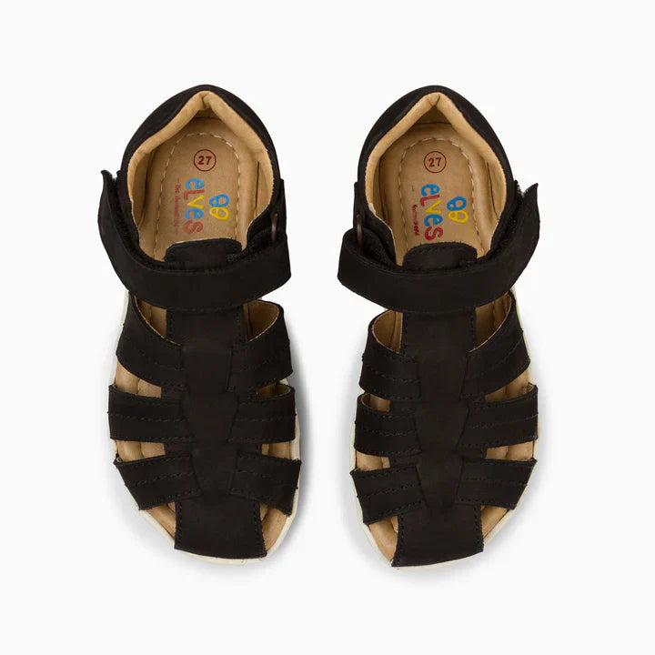 Single Strap Trio Kids Leather Sandals - Matte Black