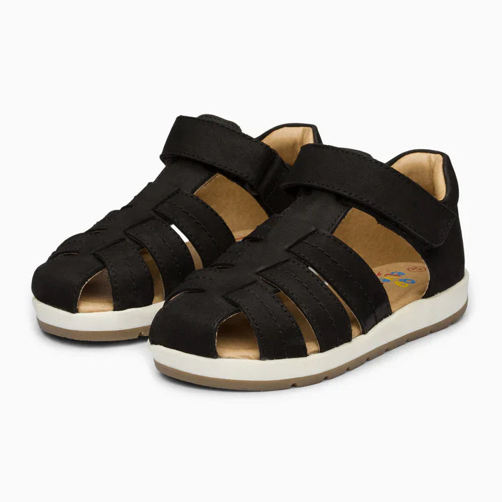 Single Strap Trio Kids Leather Sandals - Matte Black