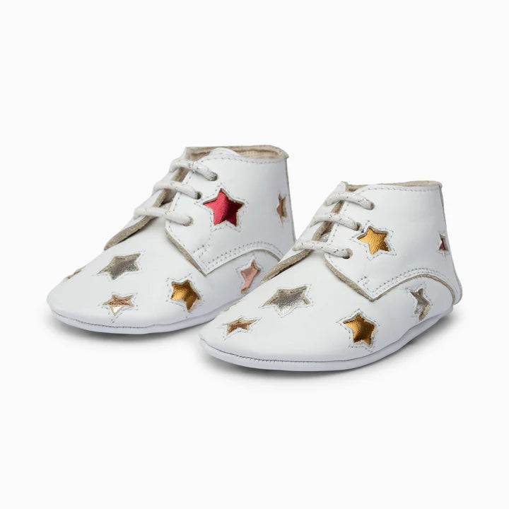 Stars Leather Baby Shoe - White and grey