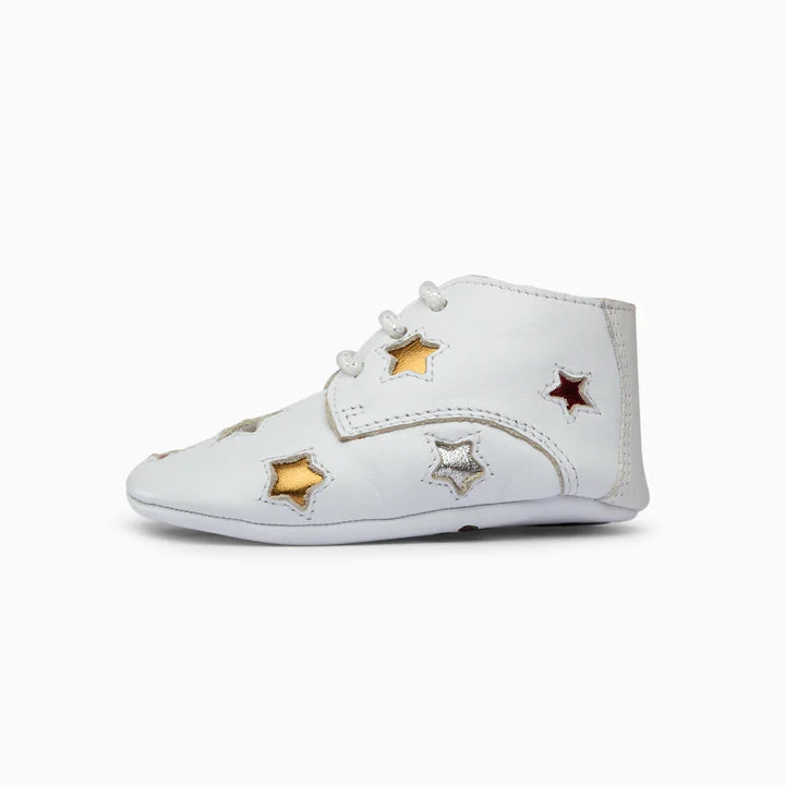 Stars Leather Baby Shoe - White and grey