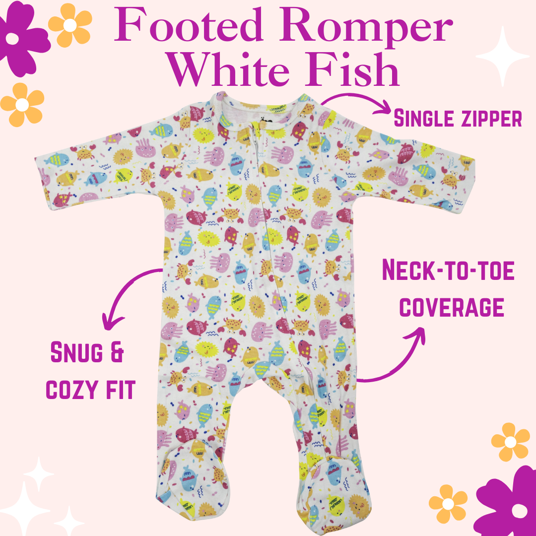 Footed Rompers - White Fish