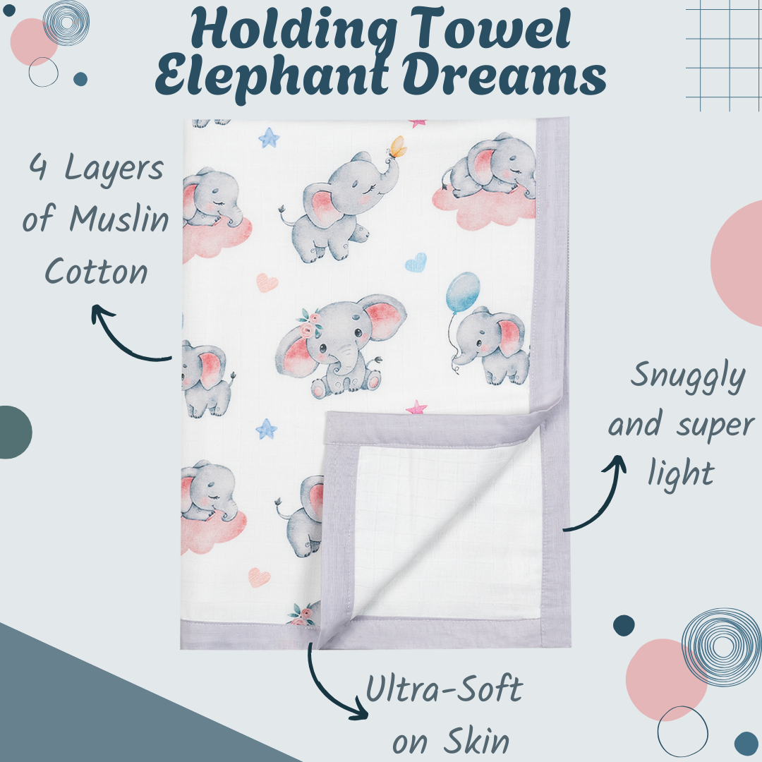 Premium 4 Layers Muslin Holding Towel - Elephant Dreams