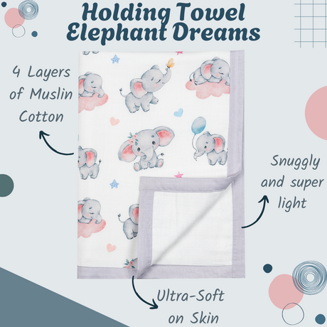 Premium 4 Layers Muslin Holding Towel - Elephant Dreams