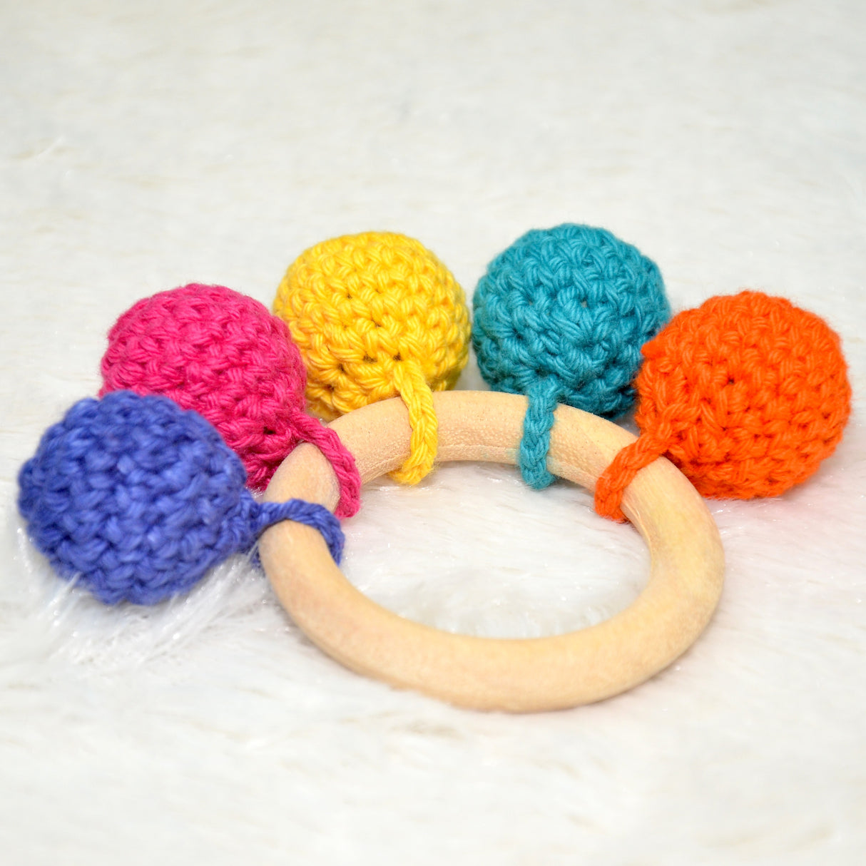 Handmade Crochet Teething Ring Rattle - Multicolor
