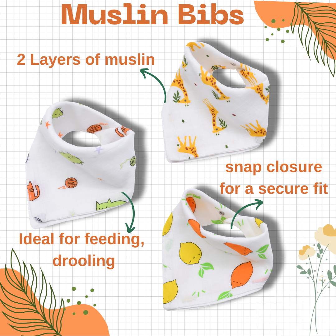 Muslin Bib cum Wash Cloth (2 layers) - Pack of 3 prints