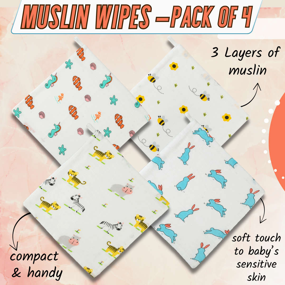 Muslin Wipes (3 layers) - Pack of 4 prints