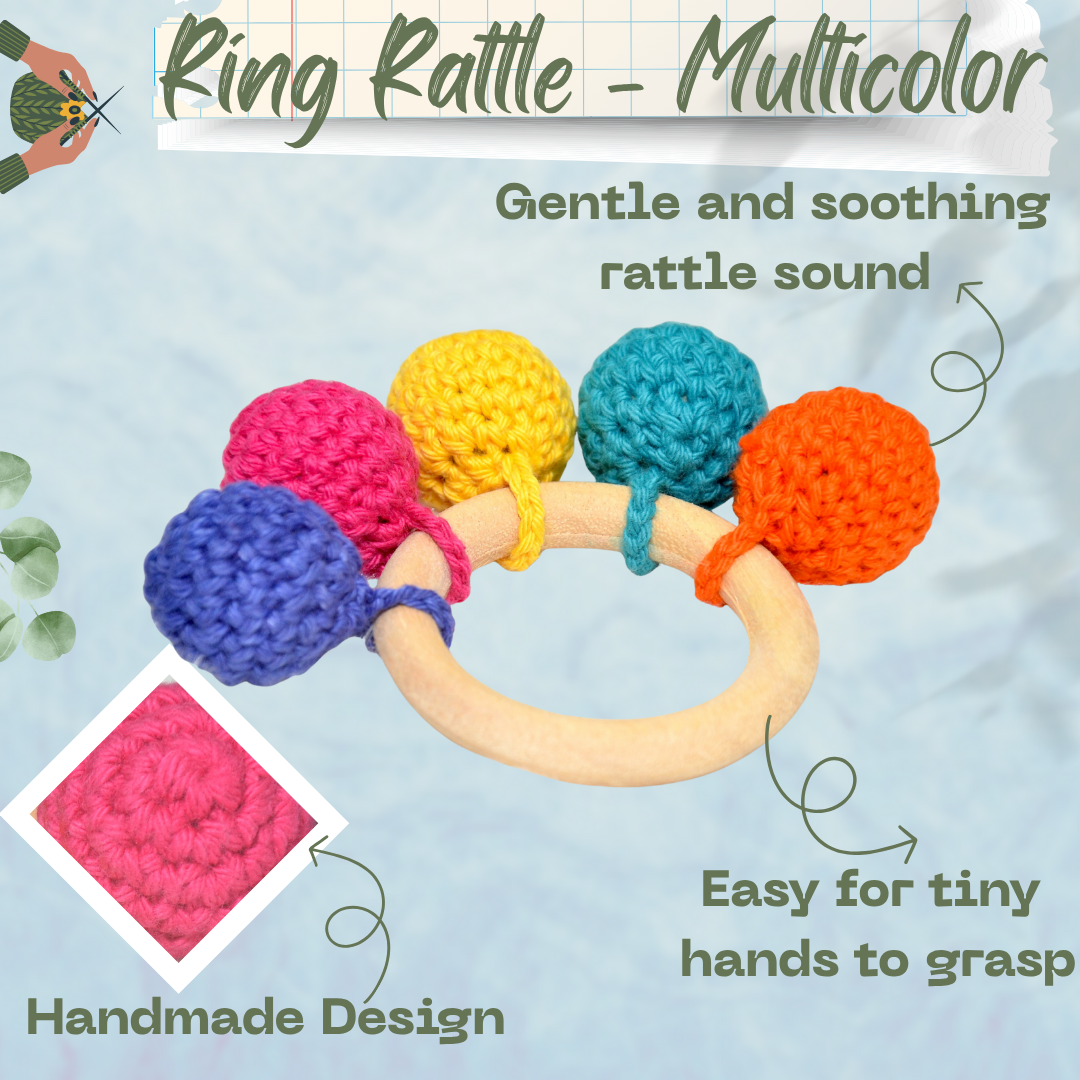 Handmade Crochet Teething Ring Rattle - Multicolor