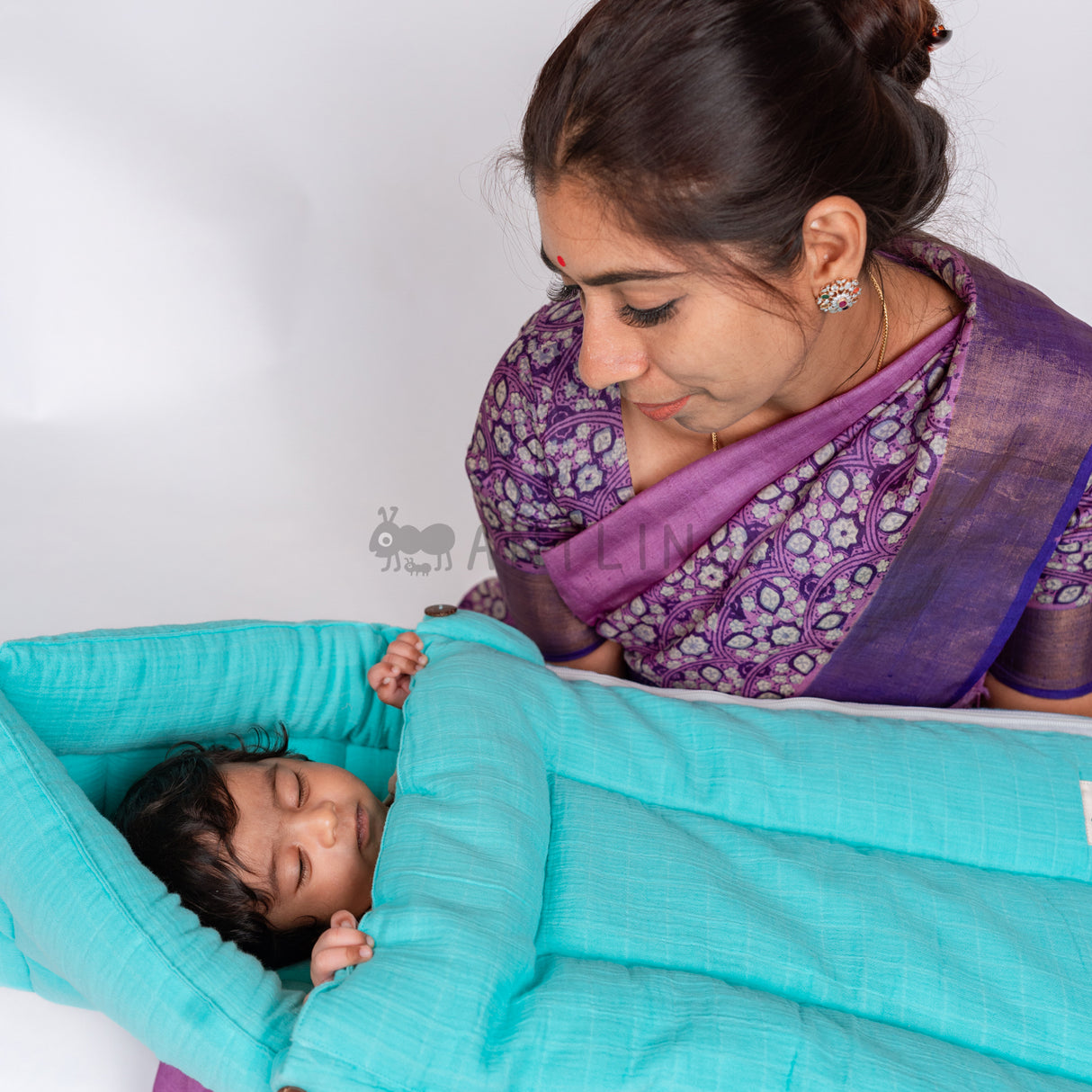 SoftNest - Premium Muslin Baby Nest cum Bed Set - Cyan