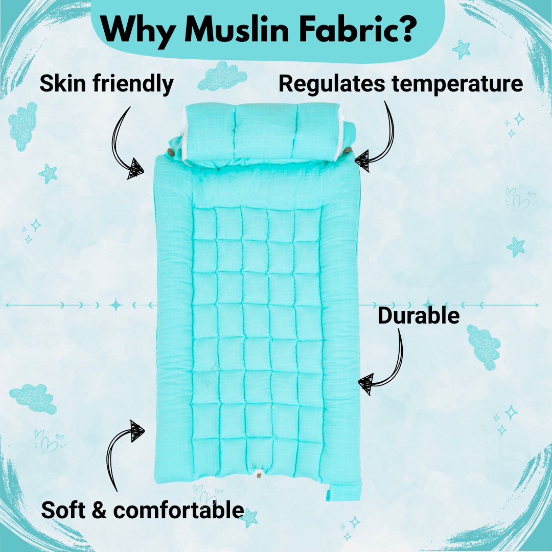 SoftNest - Premium Muslin Baby Nest cum Bed Set - Cyan