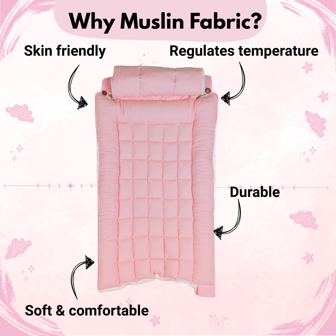 SoftNest - Premium Muslin Baby Nest cum Bed Set - Pink