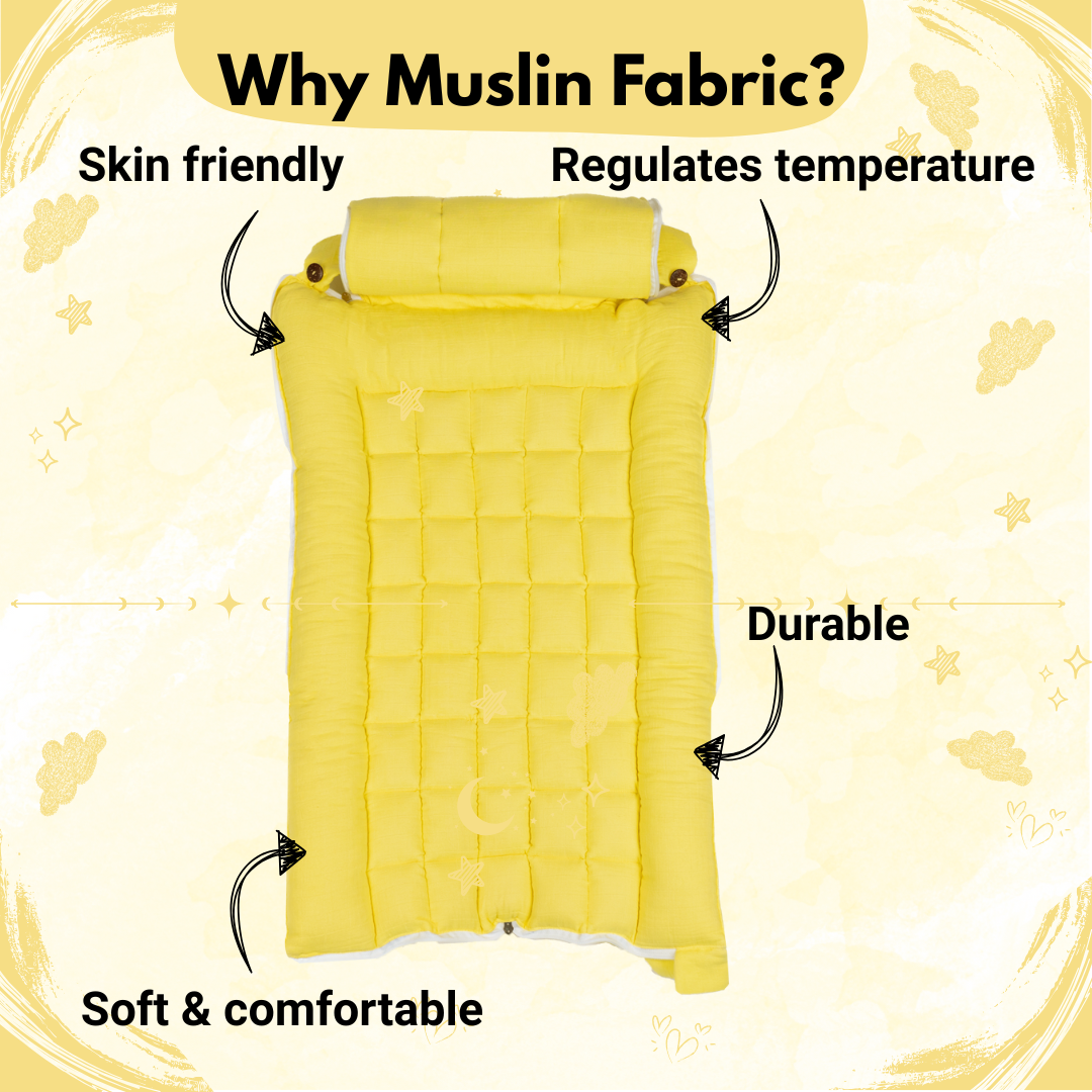 SoftNest - Premium Muslin Baby Nest cum Bed Set - Yellow