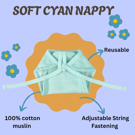100% Pure Cotton Muslin Soft Cyan Nappy - Newborn (Pack of 2)