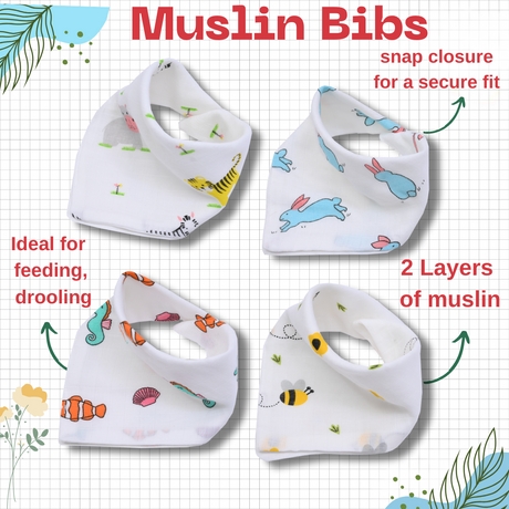 Muslin Bib cum Wash Cloth  (2 layers) - Pack of 4 prints