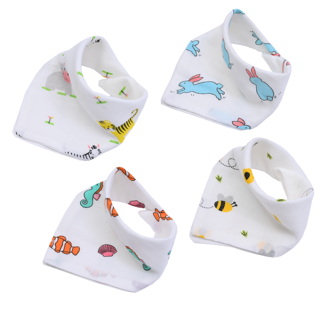 Muslin Bib cum Wash Cloth  (2 layers) - Pack of 4 prints