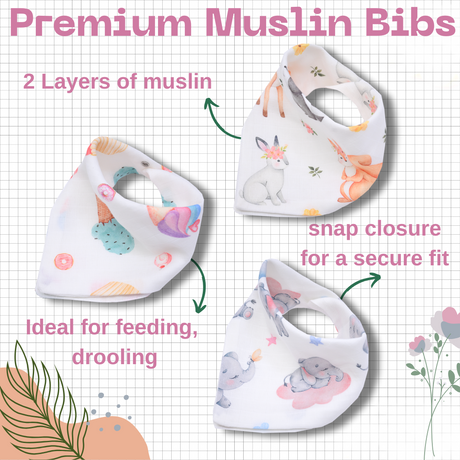 Premium Muslin Bib cum Wash Cloth (2 layers) - Pack of 3 prints
