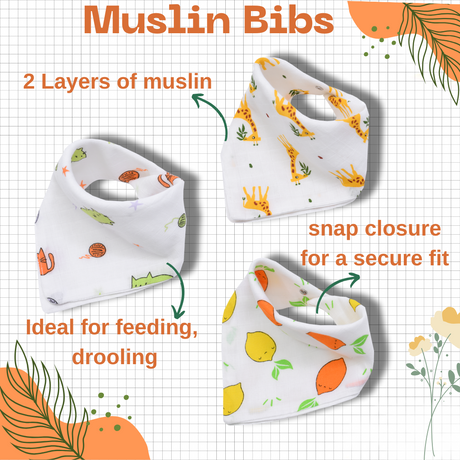 Muslin Bib cum Wash Cloth (2 layers) - Pack of 3 prints